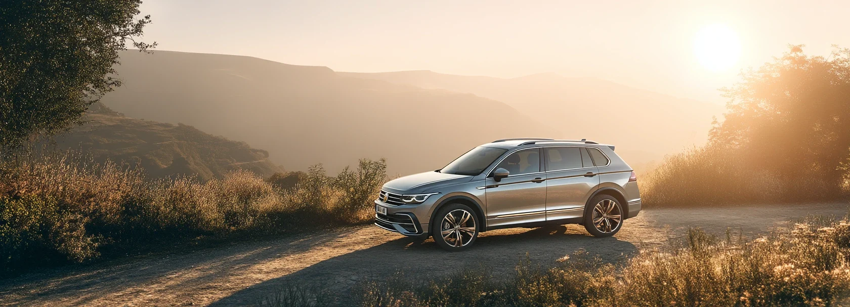 A Volkswagen SUV parked on a quiet outdoor road
